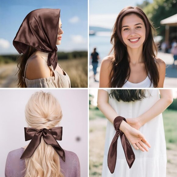 Women's Coffee Silk Feeling Scarf 23.6'' Square Satin Scarf Neck Head Bandana - Picture 7 of 7